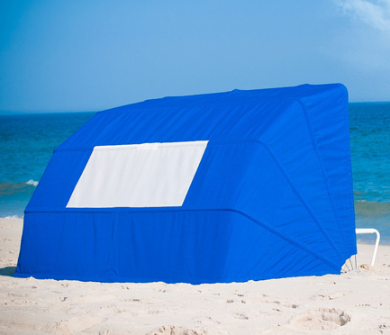 Frankford Beach Cabana in Pacific Blue set up on the sand