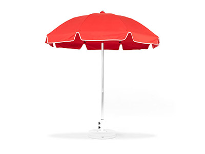 Red Frankford umbrella featured in the Patio collection
